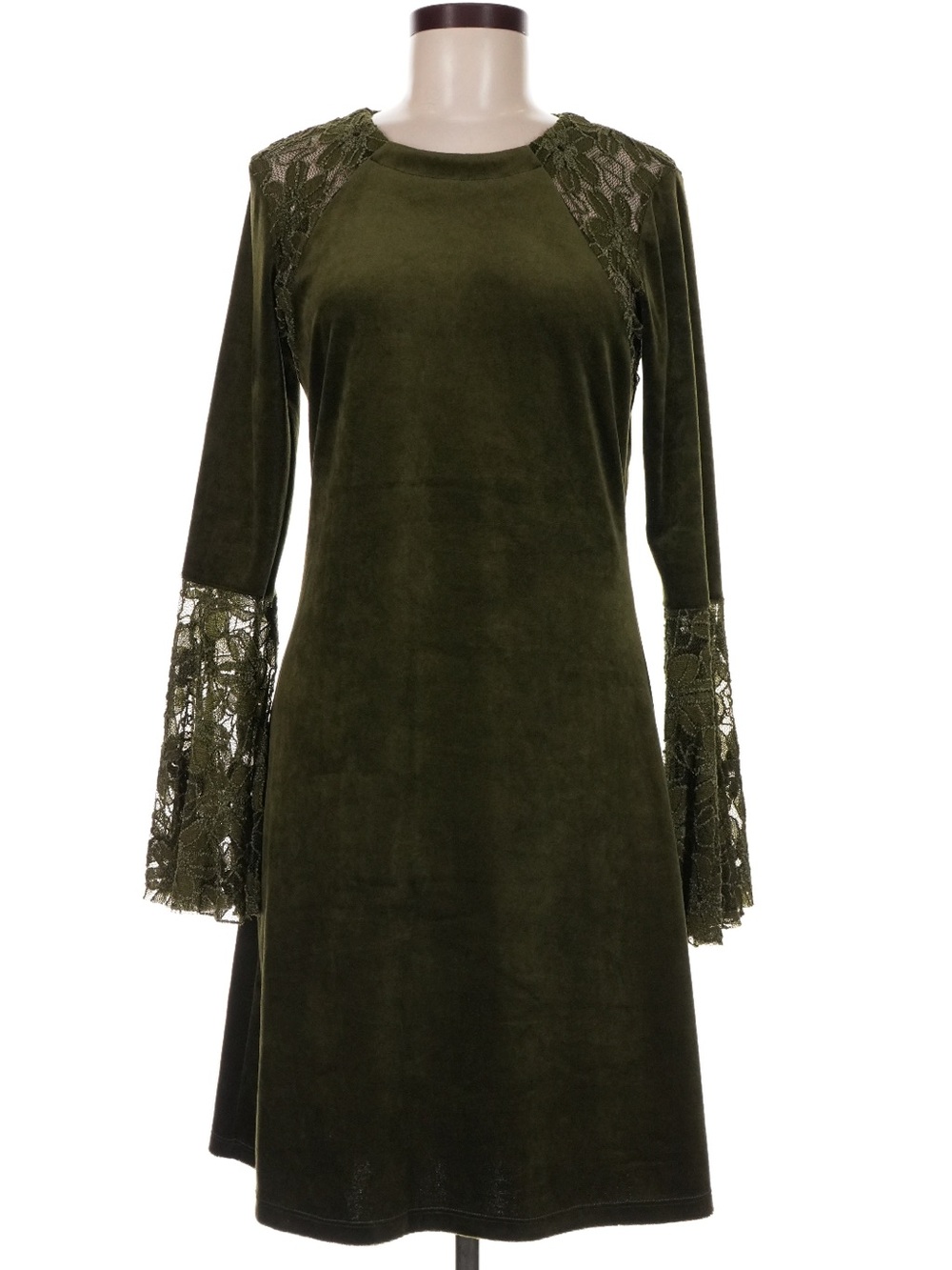 Haani Olive Green Velvet Lace Bell Sleeve Shift Dress Boho Modest Holiday